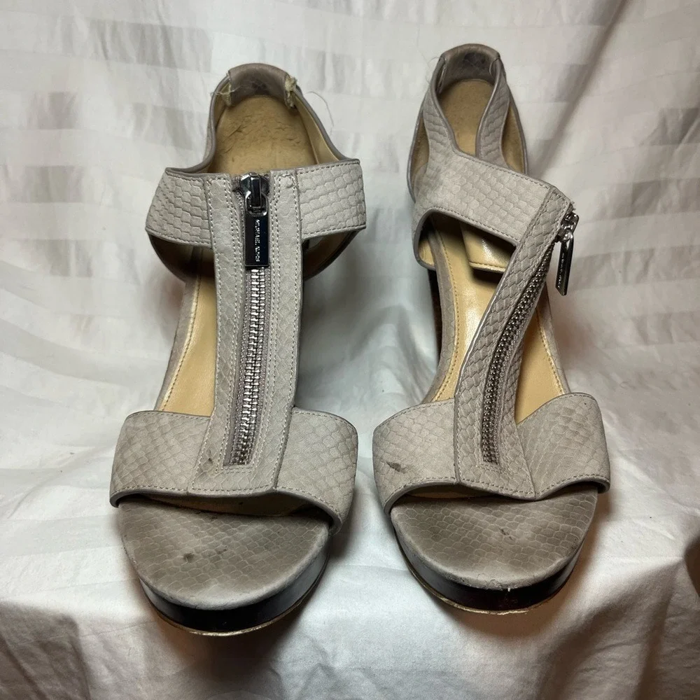Michael Kors Grey Snakeskin Embossed Platform Sandals Front Zip Heel 8.5